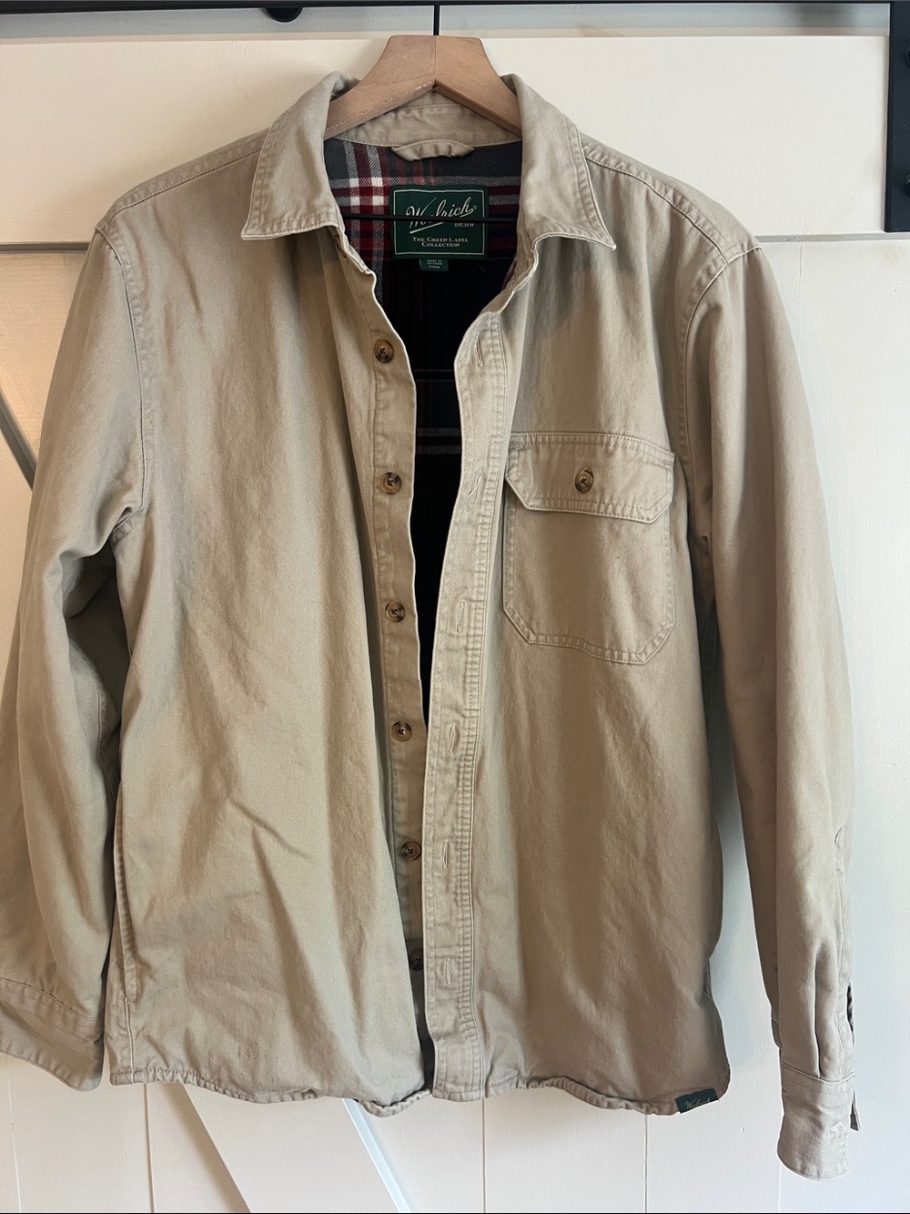 Woolrich Khaki Tan Canvas Shirt Jacket with Plaid Lining